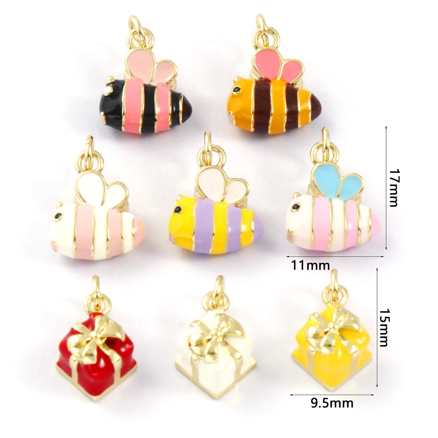 2PCs Cute Brass Cartoon Bee Jewelry Charms 18K Real Gold Plated Enamel 3D Gift Box Pendant Necklace Bracelet DIY Findings