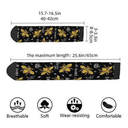Honey Bee Funny Socks Golden Wings Insect And Queen Crown Black Fashion Style Casual Crew Socks Color Design For Women Men Gift