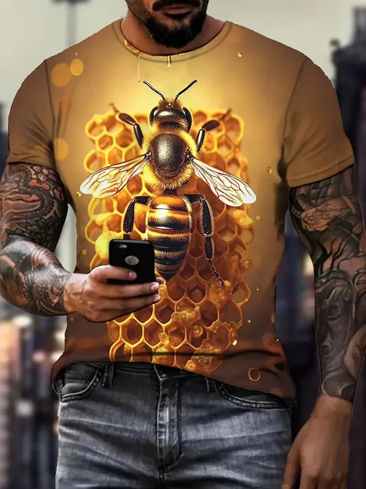 Men's Casual Honeycomb Bee Print T-Shirt Casual Round Neck Short Sleeve Tshirts Clothes New In Funny Bee Graphic T Shirts Tops