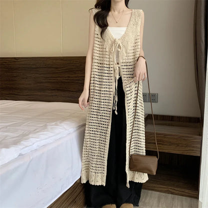 Boring Honey Women Tops Retro Openwork Sleeveless Cardigan Draped Over Loose High-End Long Sunscreen Blouse Fashion Vest Dress