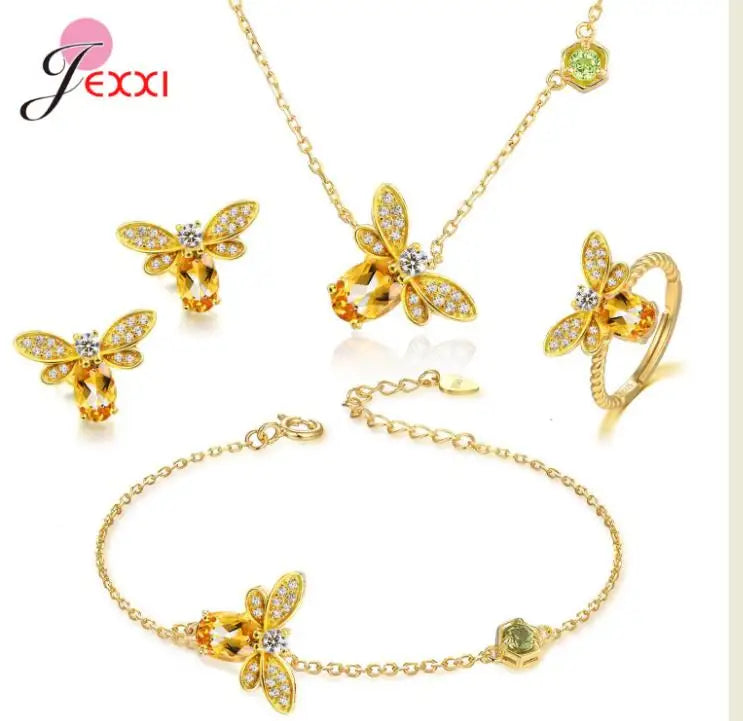 New Amazing Luxury Bee Jewelry Sets For Women/Girls 925 Sterling Silver Pendant Necklace Earrings Bracelets Ring