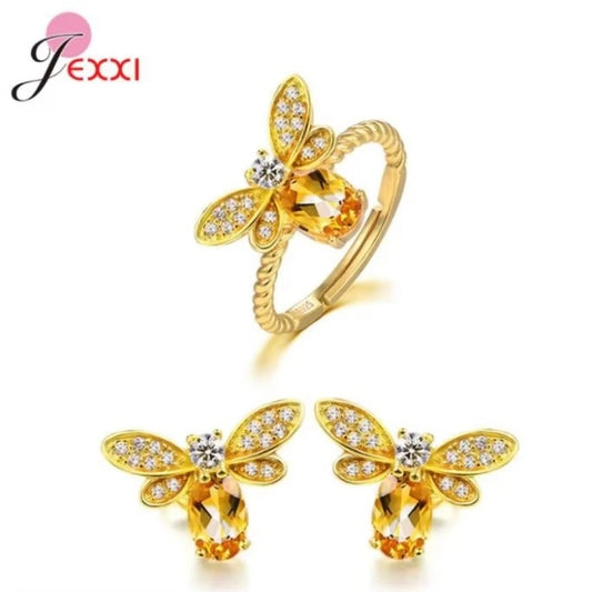 New Amazing Luxury Bee Jewelry Sets For Women/Girls 925 Sterling Silver Pendant Necklace Earrings Bracelets Ring