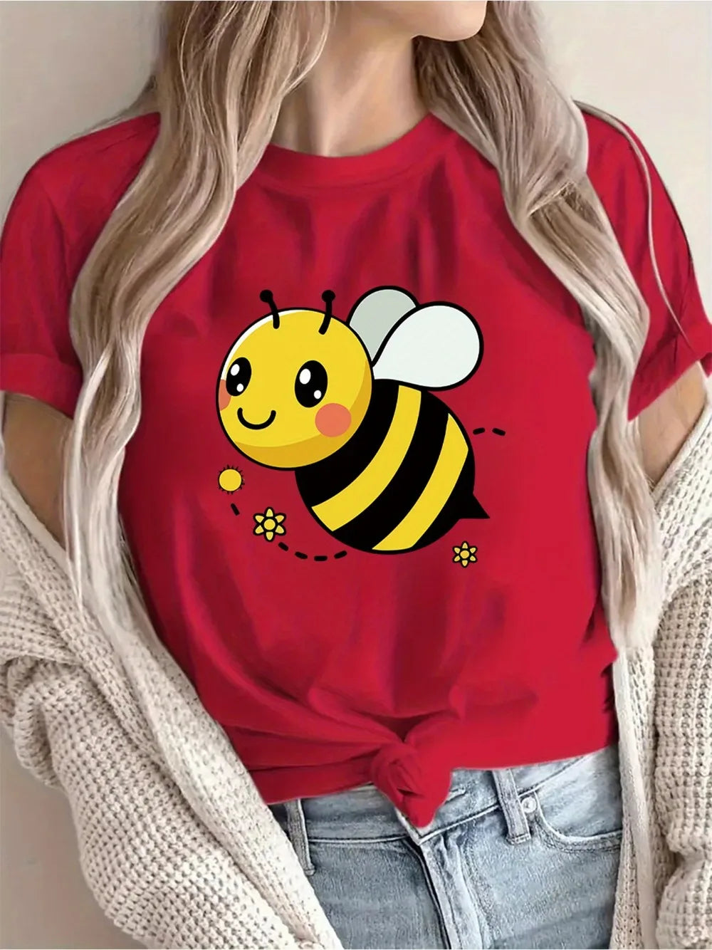 Women's Casual Short Sleeve T-Shirt Cute Cartoon Bee & Floral Print Breathable Round Neck Tee for Spring/Summer