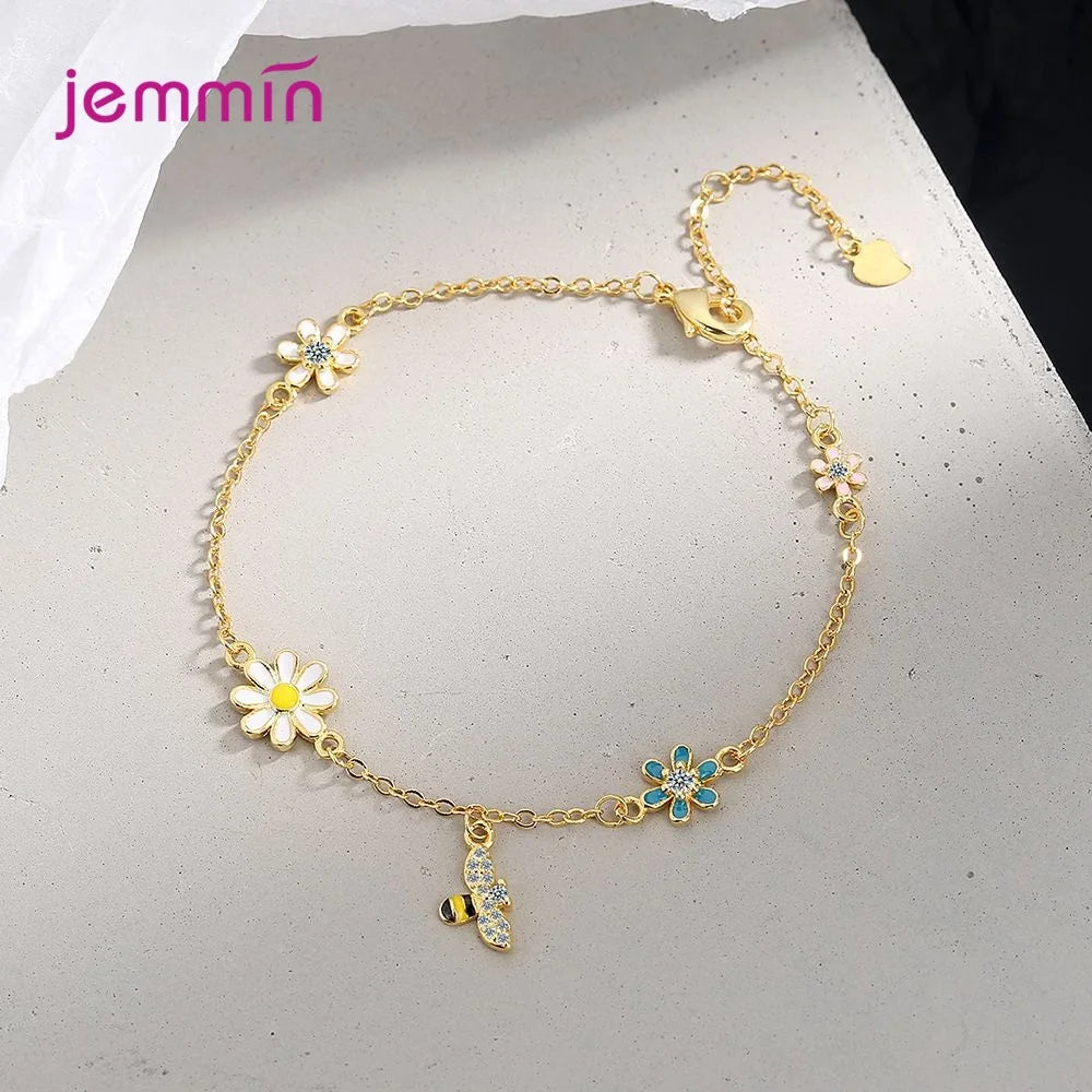 Colorful Pendant Bracelet Genuine 925 Sterling Silver Bee Flower Bracelet For Women Girls Wedding Party Jewelry Accessories