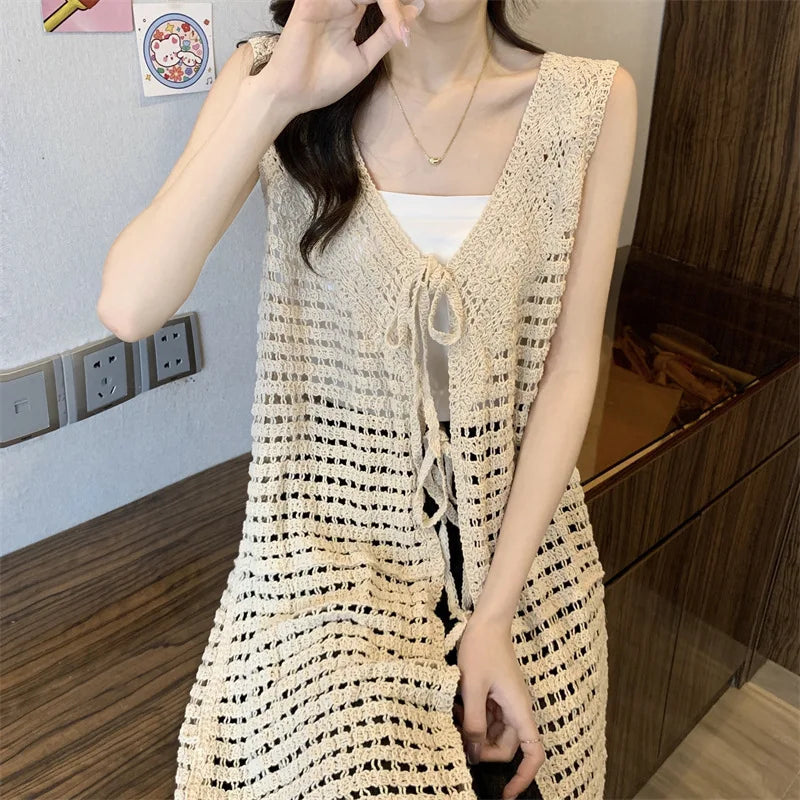 Boring Honey Women Tops Retro Openwork Sleeveless Cardigan Draped Over Loose High-End Long Sunscreen Blouse Fashion Vest Dress