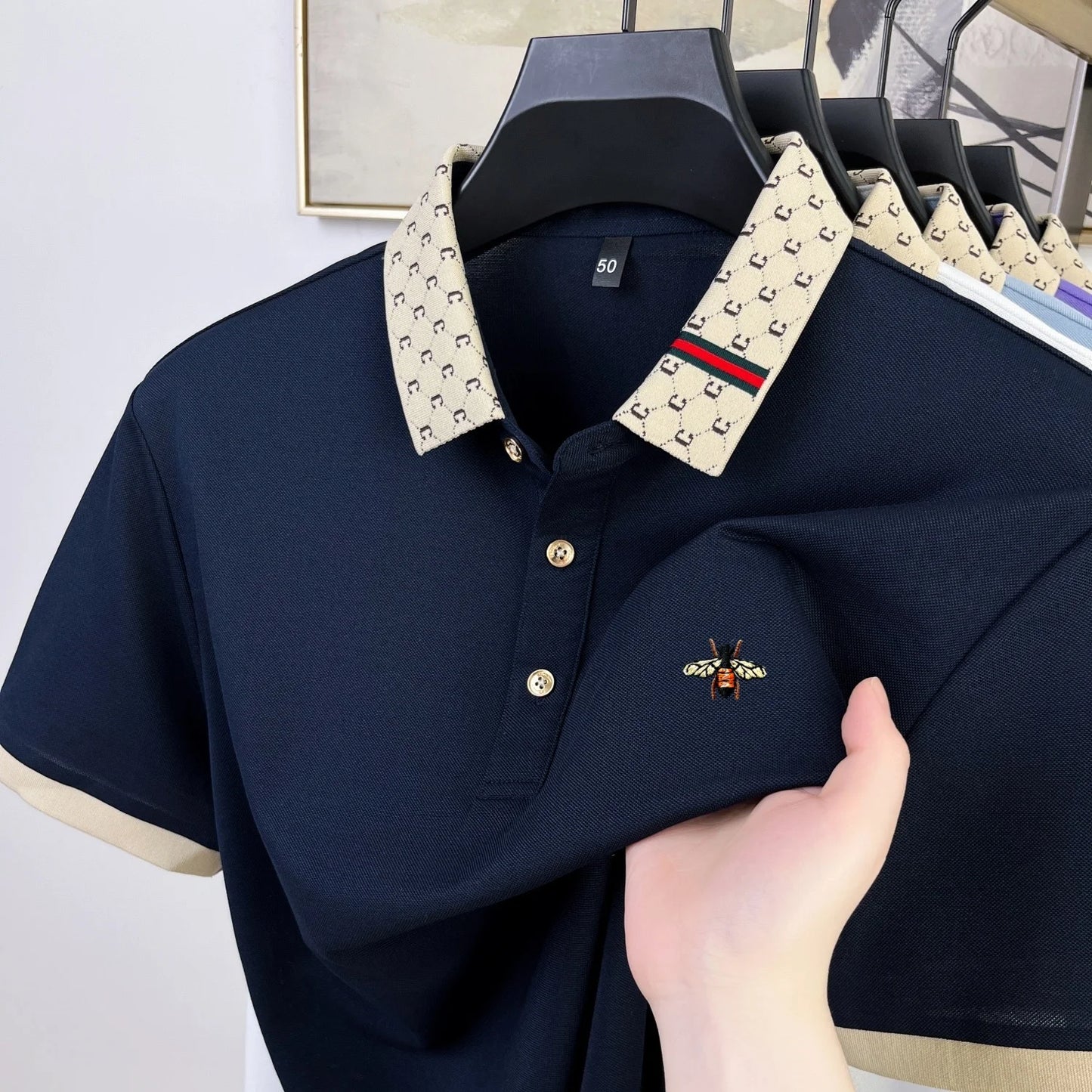 High quality honey bee embroidered short sleeve men polo shirt summer new T-shirt brand letter jacquard lapel casual trendy top