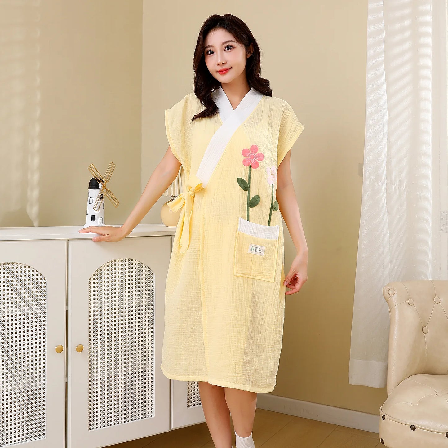 Cotton Gauze Bathrobe for Women  Absorbent Soft Tie Belt Towel for Home & Leisure Comfortable Lounge Dress
