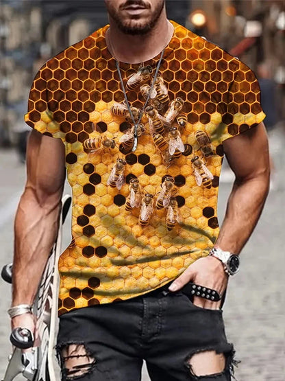 Men's Casual Honeycomb Bee Print T-Shirt Casual Round Neck Short Sleeve Tshirts Clothes New In Funny Bee Graphic T Shirts Tops