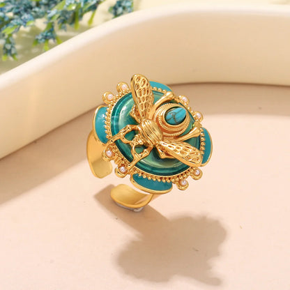 Elegant 18K Gold Plated Bee Charm Jewelry Set - Teal Enamel Ring, Pendant Necklace & Stud Earrings for Women