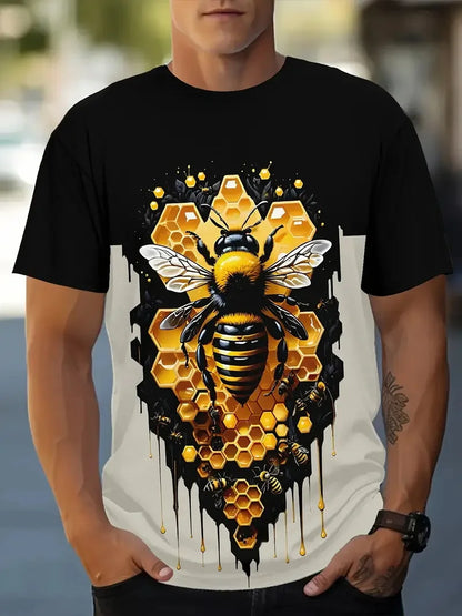 Men's Casual Honeycomb Bee Print T-Shirt Casual Round Neck Short Sleeve Tshirts Clothes New In Funny Bee Graphic T Shirts Tops
