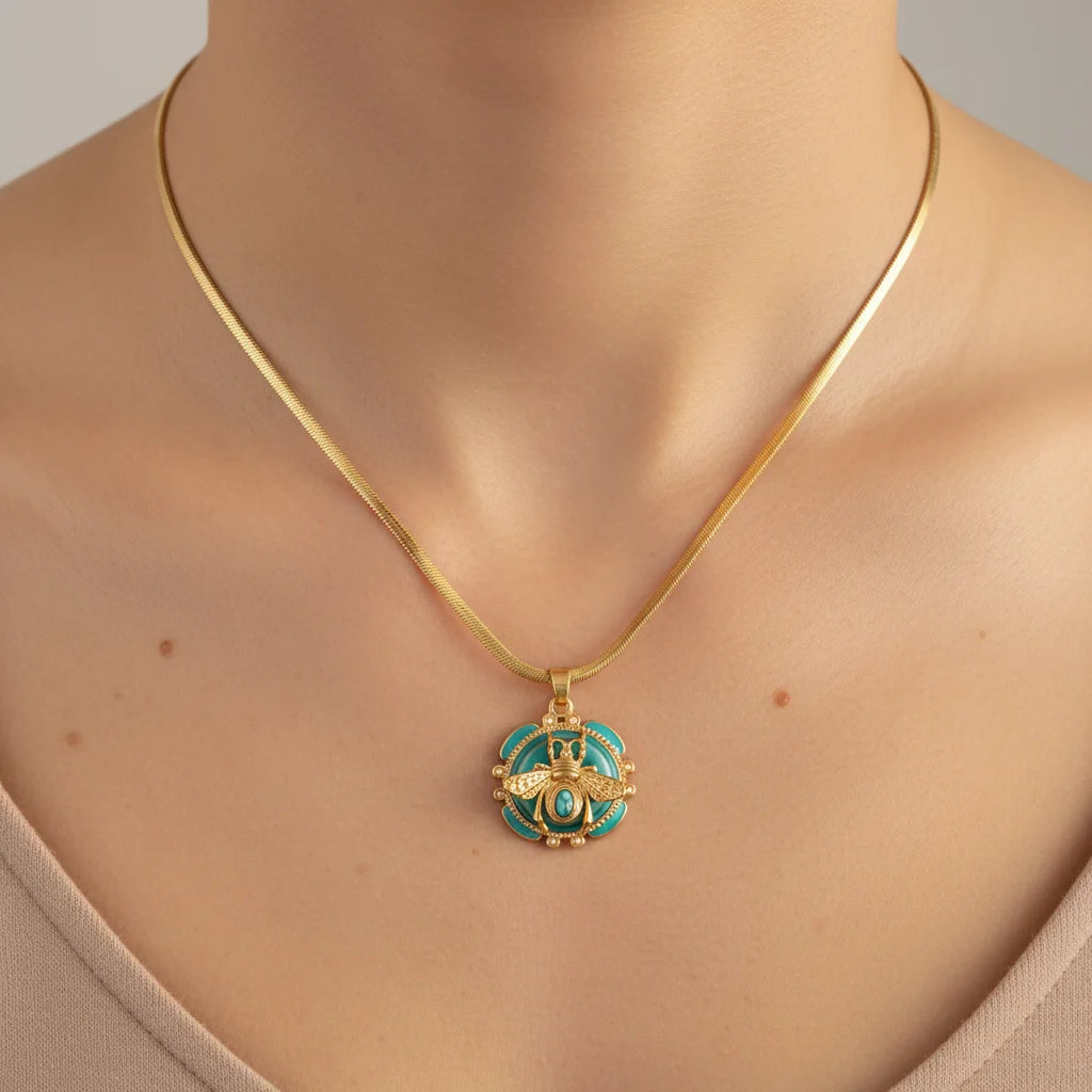 Elegant 18K Gold Plated Bee Charm Jewelry Set - Teal Enamel Ring, Pendant Necklace & Stud Earrings for Women