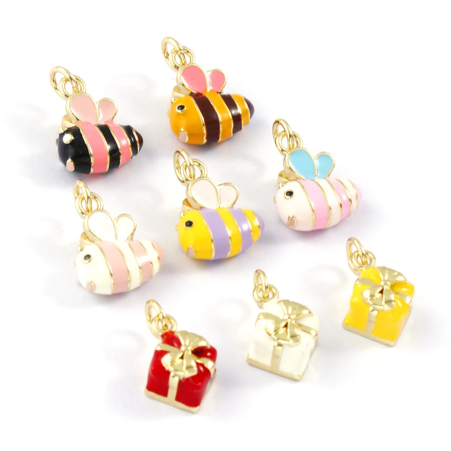 2PCs Cute Brass Cartoon Bee Jewelry Charms 18K Real Gold Plated Enamel 3D Gift Box Pendant Necklace Bracelet DIY Findings