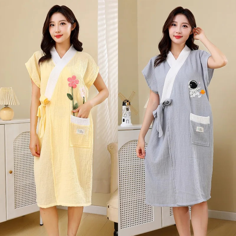 Cotton Gauze Bathrobe for Women  Absorbent Soft Tie Belt Towel for Home & Leisure Comfortable Lounge Dress