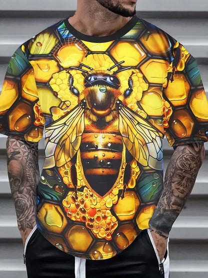 Men's Casual Honeycomb Bee Print T-Shirt Casual Round Neck Short Sleeve Tshirts Clothes New In Funny Bee Graphic T Shirts Tops