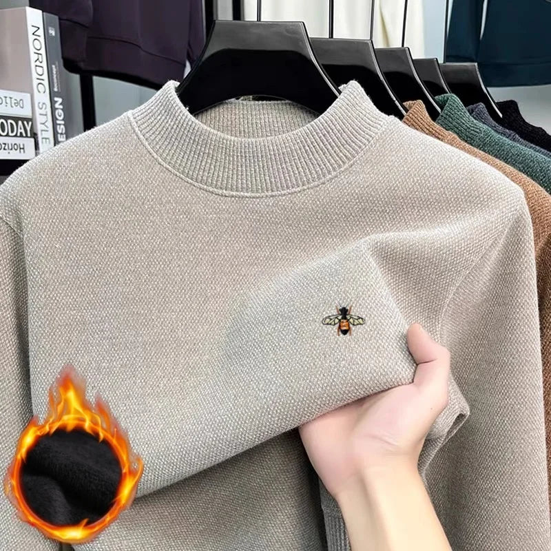 High end exquisite brand men's honey bee classic embroidered knitted comfortable sweater autumn winter new velvet warm pullover
