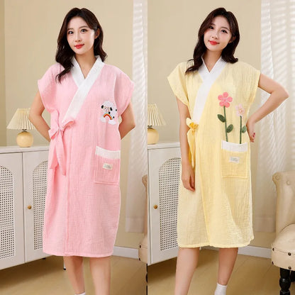 Cotton Gauze Bathrobe for Women  Absorbent Soft Tie Belt Towel for Home & Leisure Comfortable Lounge Dress
