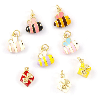 2PCs Cute Brass Cartoon Bee Jewelry Charms 18K Real Gold Plated Enamel 3D Gift Box Pendant Necklace Bracelet DIY Findings