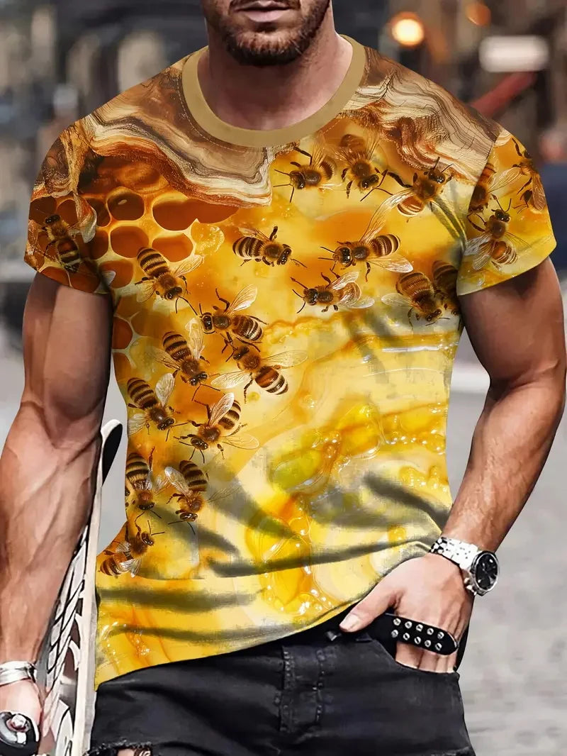Men's Casual Honeycomb Bee Print T-Shirt Casual Round Neck Short Sleeve Tshirts Clothes New In Funny Bee Graphic T Shirts Tops