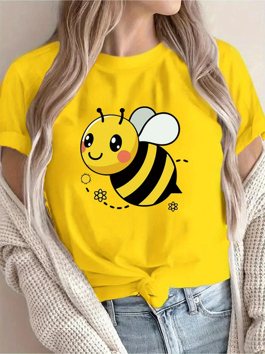 Women's Casual Short Sleeve T-Shirt Cute Cartoon Bee & Floral Print Breathable Round Neck Tee for Spring/Summer