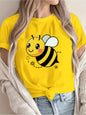 Women's Casual Short Sleeve T-Shirt Cute Cartoon Bee & Floral Print Breathable Round Neck Tee for Spring/Summer