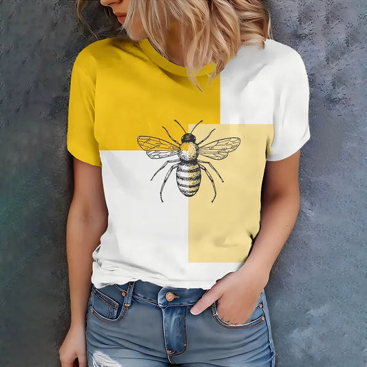 Yellow And White Women's T-shirt With Bee Pattern Design - Summer Casual Style Round Neck Short Sleeve