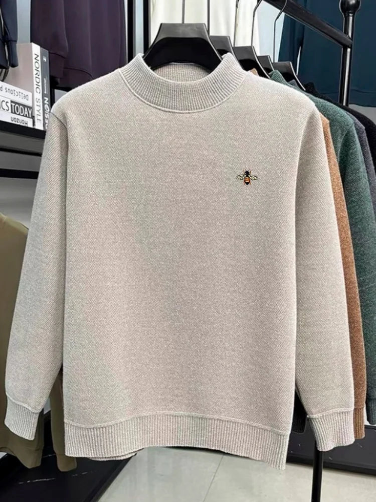 High end exquisite brand men's honey bee classic embroidered knitted comfortable sweater autumn winter new velvet warm pullover