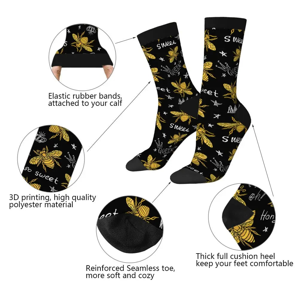 Honey Bee Funny Socks Golden Wings Insect And Queen Crown Black Fashion Style Casual Crew Socks Color Design For Women Men Gift