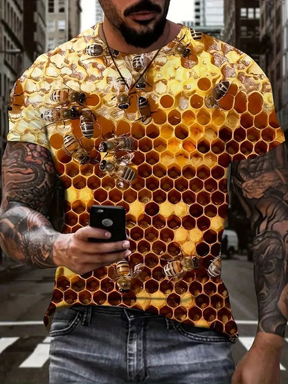 Men's Casual Honeycomb Bee Print T-Shirt Casual Round Neck Short Sleeve Tshirts Clothes New In Funny Bee Graphic T Shirts Tops