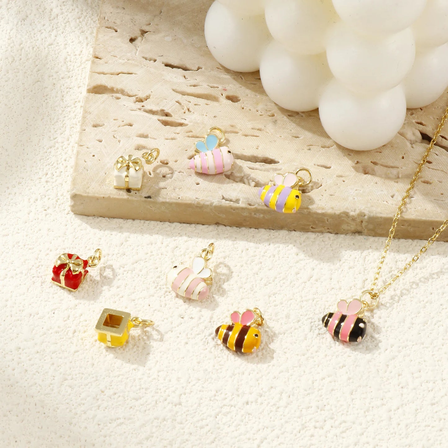 2PCs Cute Brass Cartoon Bee Jewelry Charms 18K Real Gold Plated Enamel 3D Gift Box Pendant Necklace Bracelet DIY Findings