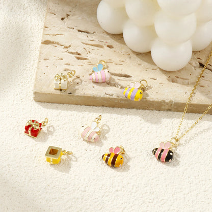2PCs Cute Brass Cartoon Bee Jewelry Charms 18K Real Gold Plated Enamel 3D Gift Box Pendant Necklace Bracelet DIY Findings