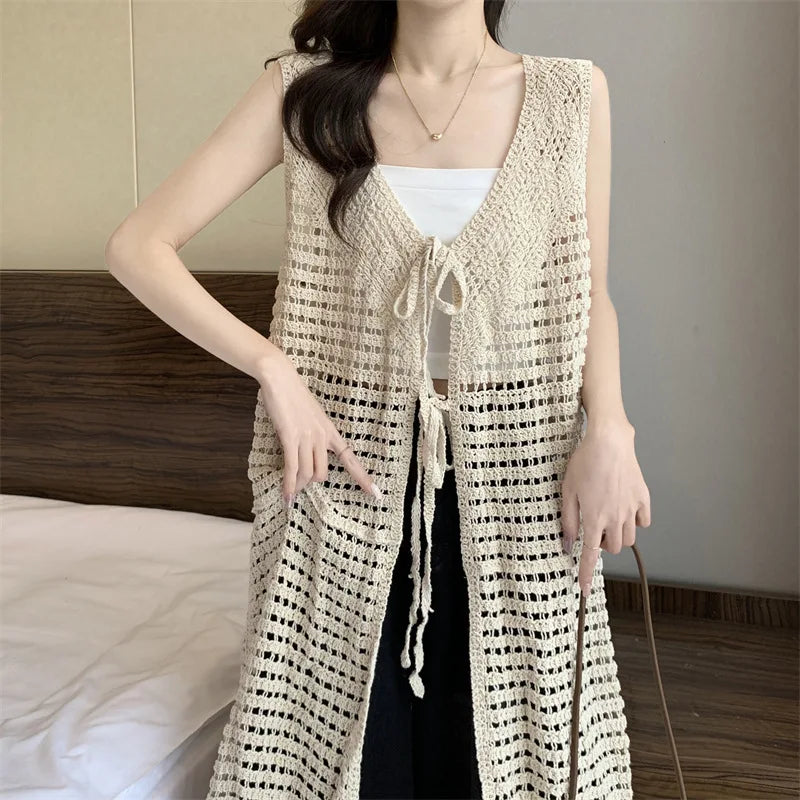 Boring Honey Women Tops Retro Openwork Sleeveless Cardigan Draped Over Loose High-End Long Sunscreen Blouse Fashion Vest Dress