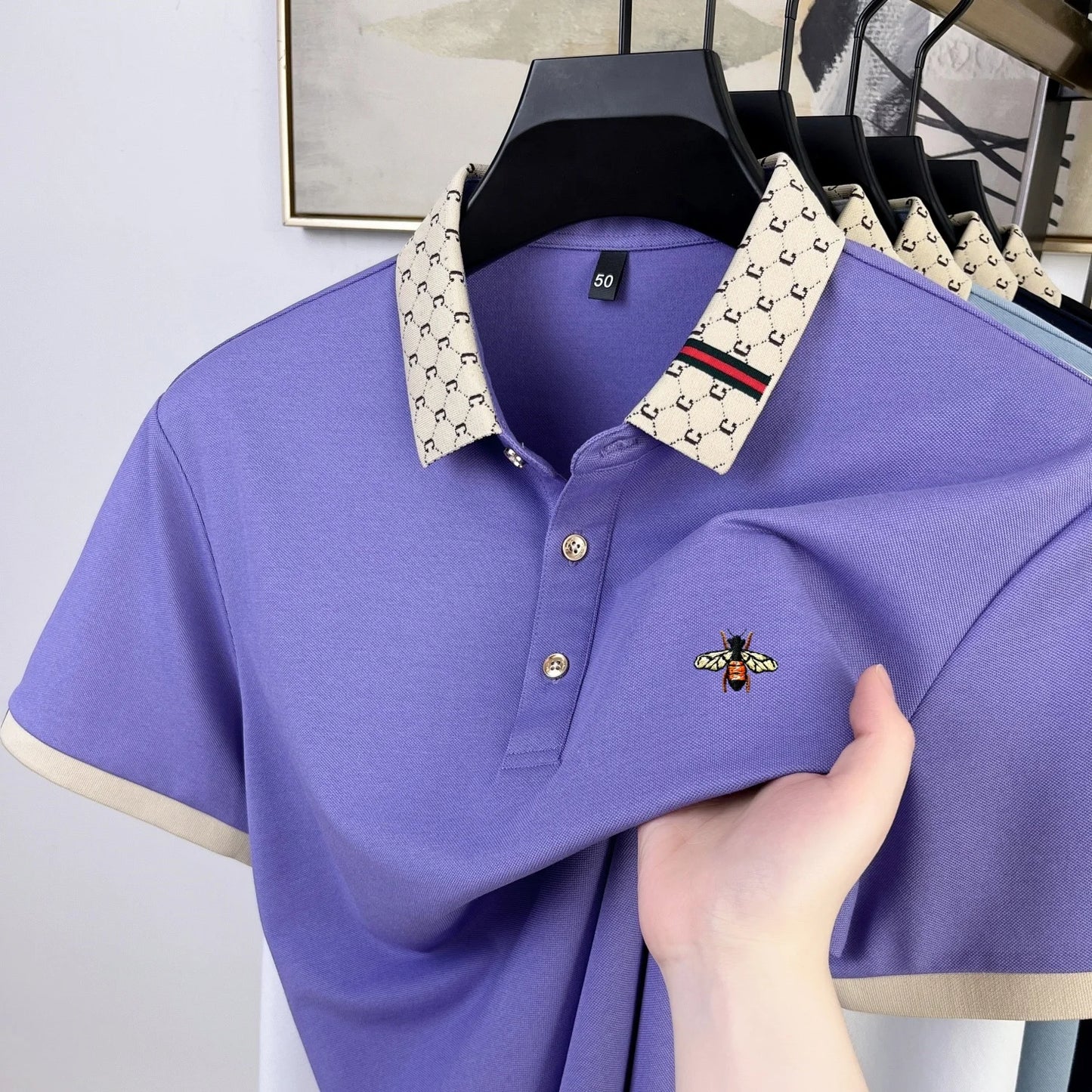 High quality honey bee embroidered short sleeve men polo shirt summer new T-shirt brand letter jacquard lapel casual trendy top