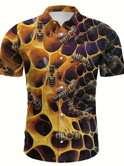 Retro Hawaiian Bee Print Shirt For Men Vacation Casual Short Sleeve Funny Shirts Streetwear Fashion Honey Insect Bee Blouse