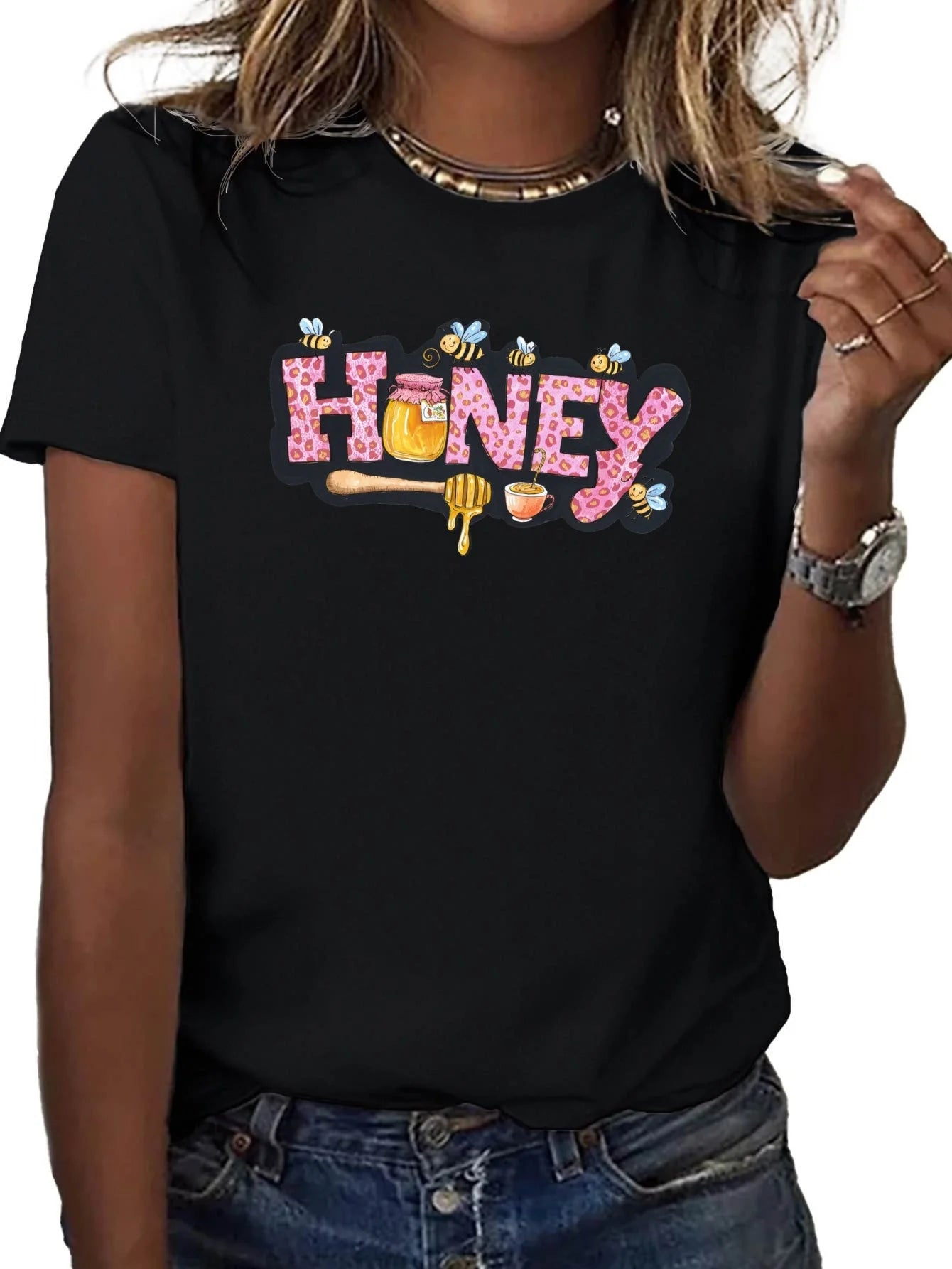 Women's Soft T-Shirt with Funny Honey Graphic Print Casual Crew Neck Short Sleeve Comfortable for Attire Daily Tops Clothing