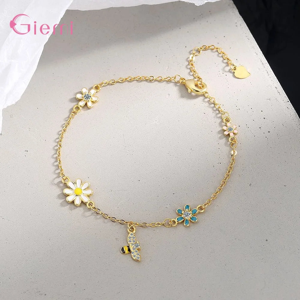 Colorful Bee Flower Pendant Bracelet Genuine 925 Sterling Silver Bracelet For Women Girls Wedding Party Jewelry Accessories