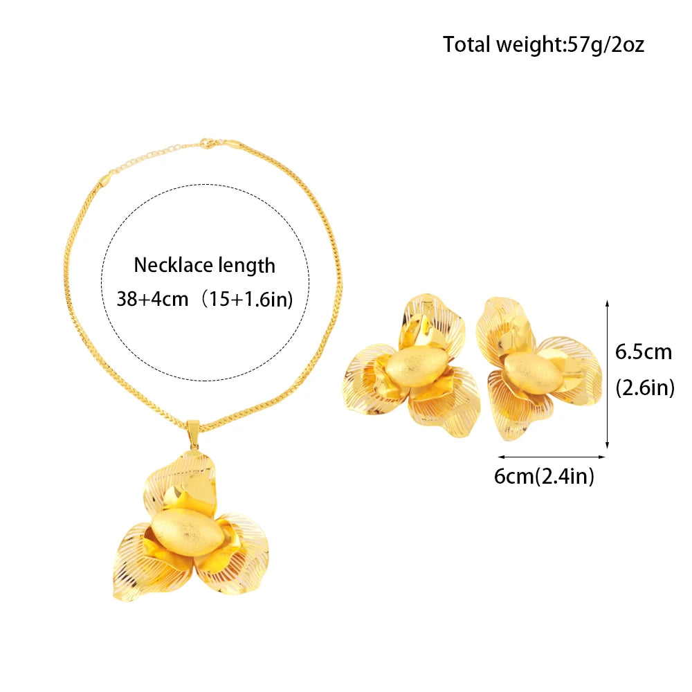 Luxury  Plated Bee Flower Shape Necklace Earrings Set for Women Girl Dubai Nigeria Fashion Design Jewelry Gift for Party
