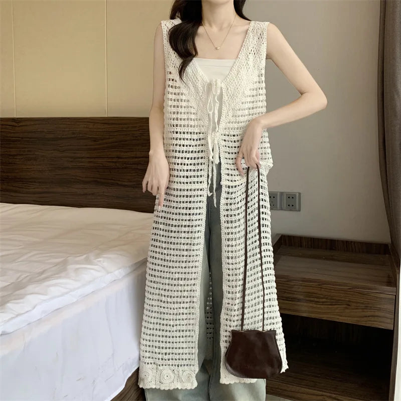 Boring Honey Women Tops Retro Openwork Sleeveless Cardigan Draped Over Loose High-End Long Sunscreen Blouse Fashion Vest Dress