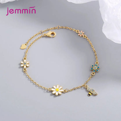 Colorful Pendant Bracelet Genuine 925 Sterling Silver Bee Flower Bracelet For Women Girls Wedding Party Jewelry Accessories