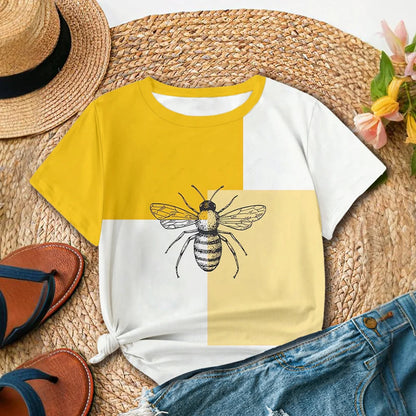 Yellow And White Women's T-shirt With Bee Pattern Design - Summer Casual Style Round Neck Short Sleeve