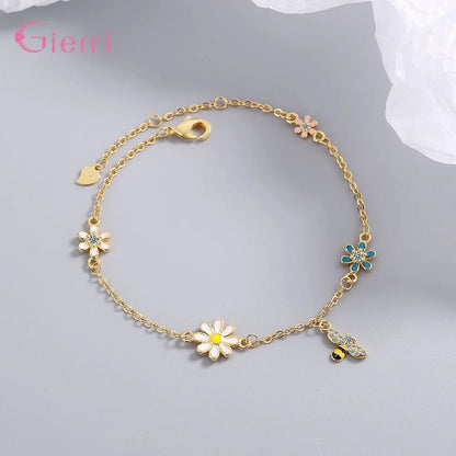 Colorful Bee Flower Pendant Bracelet Genuine 925 Sterling Silver Bracelet For Women Girls Wedding Party Jewelry Accessories