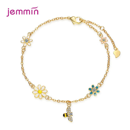 Colorful Pendant Bracelet Genuine 925 Sterling Silver Bee Flower Bracelet For Women Girls Wedding Party Jewelry Accessories