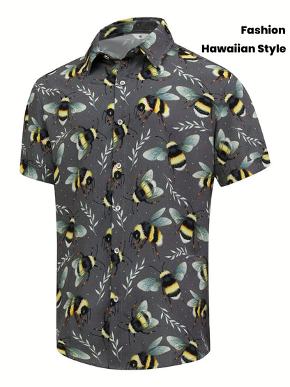 Retro Hawaiian Bee Print Shirt For Men Vacation Casual Short Sleeve Funny Shirts Streetwear Fashion Honey Insect Bee Blouse