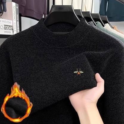 High end exquisite brand men's honey bee classic embroidered knitted comfortable sweater autumn winter new velvet warm pullover