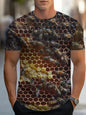 Men's Casual Honeycomb Bee Print T-Shirt Casual Round Neck Short Sleeve Tshirts Clothes New In Funny Bee Graphic T Shirts Tops