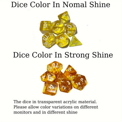 7-Piece Full Set of Honey Transparent Golden Octahedron Dice - Perfect for Dungeons and Dragons Mystery Games - Unique Transparent Design with Accurate Numbering and Vibrant Color