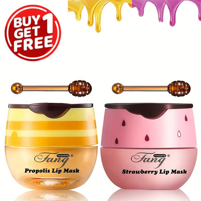 [Buy 1 Get 1 Free]2 Pack Bee Balm Lip Balm Honey Pot, Exfoliating Honey & Strawberry Propolis Lip Mask, Hydrating & Prevention Dry And Cracked Lip Scrubs Exfoliator Lip Sleeping Mask Reduces Lip Lines With Brush Lip Care Vale