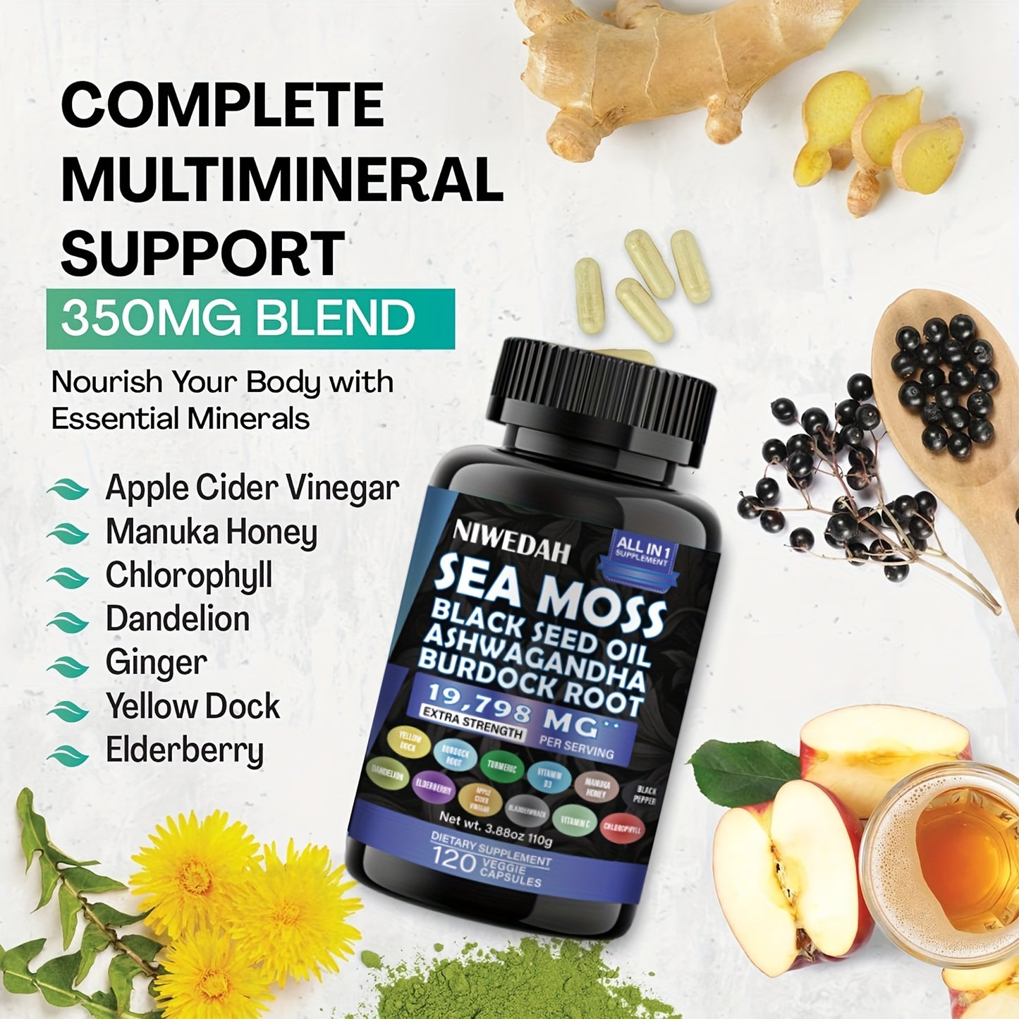 2pack-Sea Moss Black Seed Oil Ashwagandha Ginger Capsules. Sea Moss Capsules with Black Seed Oil, Ashwagandha, Turmeric, Moringa, Bladderwrack, Burdock Root, Manuka Honey, Cinnamon. 18-in-1 19798mg/Serv